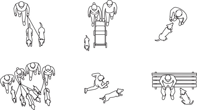 Top view vector set of people walking dogs and sitting on park bench for architectural site plans and landscape design projects illustration