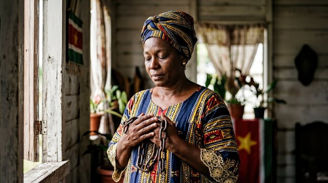 cultural embrace, surinamese woman in a koto dress holds a broken chain, eyes closed in reflection