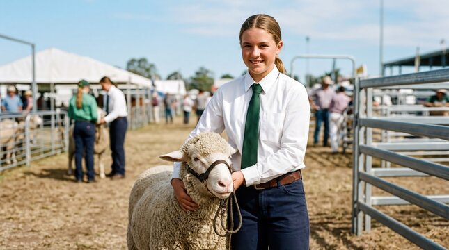 agricultural event participation, a young girl in a show uniform stands proudly with a sheep outdoors