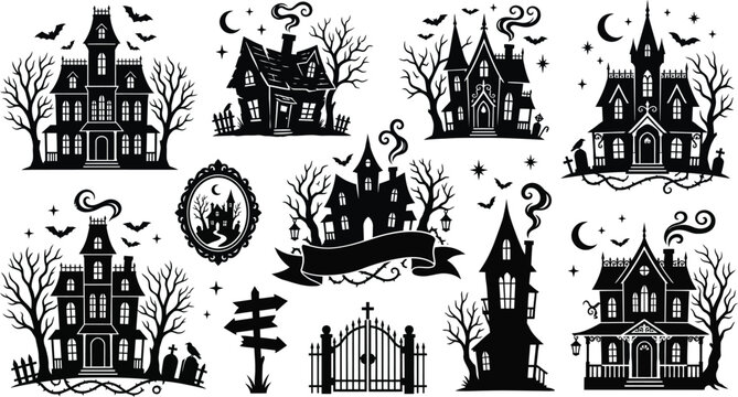 Set of black and white hand drawn illustrations featuring haunted houses spooky mansions bare trees bats and gothic architectural elements for halloween designs