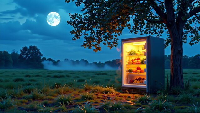 open refrigerator middle field night refrigerator lit orange yellow lights filled various fruits vegetables field surrounded tall grass trees full moon background sky dark cloudy overall mood