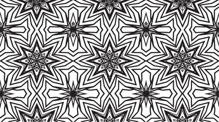 Fototapeta premium Seamless Black and White Geometric Pattern with Abstract Kaleidoscope Stars and Intricate Mandala Line Lattice
