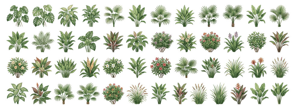 Watercolor bush and shrub collection with hand drawn tropical plants in side view for landscape architecture, garden planning and elevation design