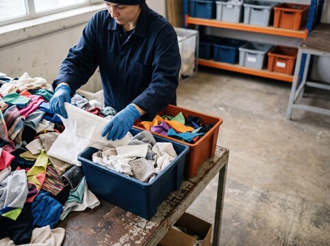 Recycling worker sorting textile waste at recovery station