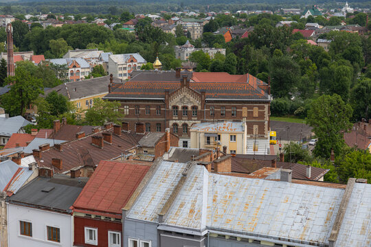 Drohobych city top view with historical old town architecture from the town hall tower