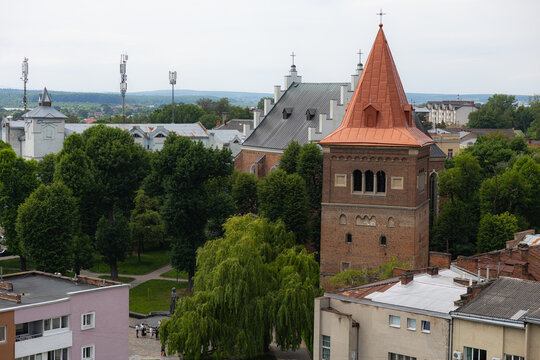 Ancient defense bell tower of St Bartholomew church and monument in Drohobych Ukraine