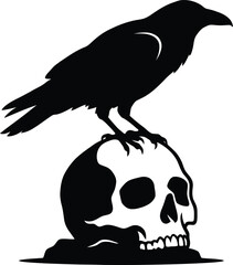 Obraz premium Black silhouette of a raven perched upon a human skull vector illustration