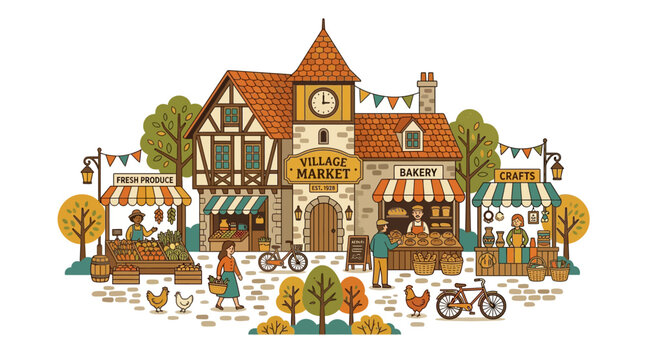 Charming Village Market Scene with Bakery and Craft Stalls, People Shopping