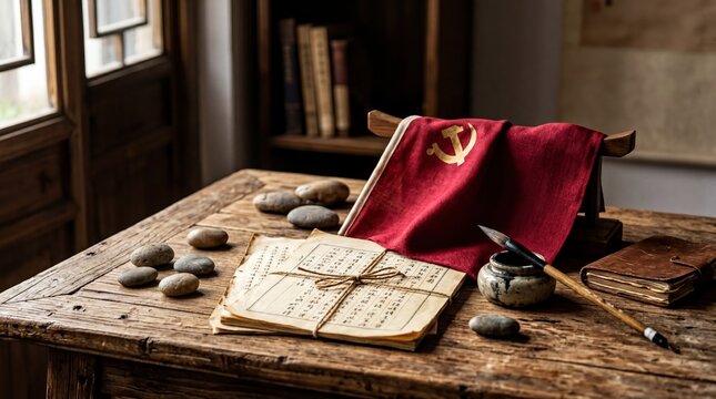 cultural heritage symbols, elegant arrangement of historical documents, red flags, and motifs symbolizing cpc founding day on a wooden surface