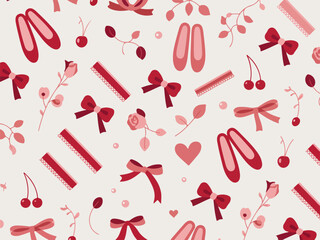 Seamless pattern of ballet slippers roses and cherries with bows and hearts perfect for feminine design and childrens products © Saqib1022