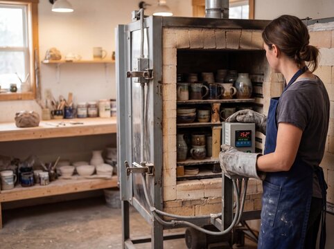 Ceramic studio worker checking kiln temperature controller