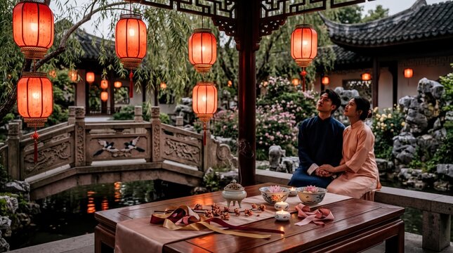 cultural celebrations, an elegant arrangement of romantic lanterns and traditional motifs evokes a serene atmosphere for chinese valentines day