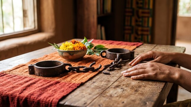 cultural symbolism, elegant display of keti koti symbolic elements in warm cultural colors