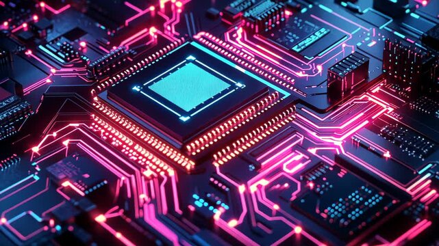 Close-up of a futuristic circuit board with vibrant pink and blue neon lighting, showcasing intricate pathways and a central processing unit