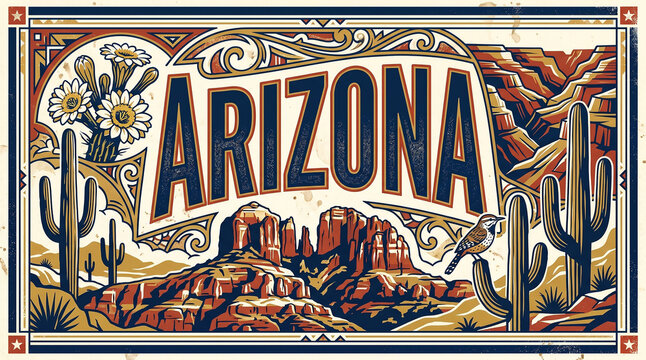 Arizona state vintage poster illustration with Grand Canyon and Cathedral Rock in Sedona on cream background