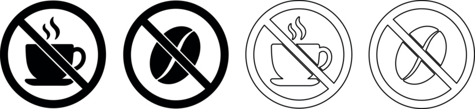 Set of prohibition signs for coffee and coffee beans, black and white outline styles