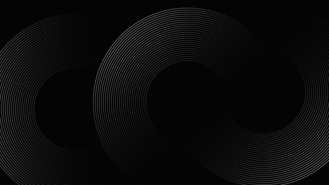 An elegant abstract dark background featuring continuous metallic silver concentric circles and flowing wave lines.