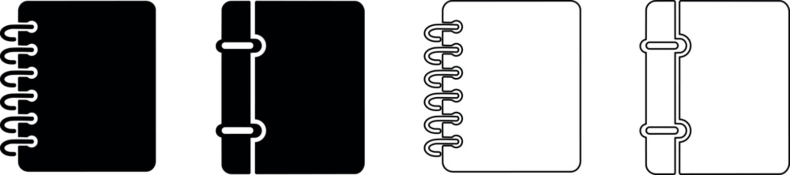 Set of notebook and binder icons in black and white outline and solid fill styles