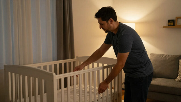 Loving father checking on his baby sleeping in crib at night