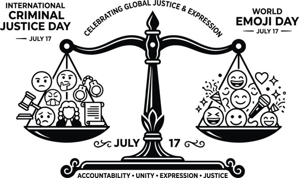 Scales Of Justice With Icons Black And White Line Illustration