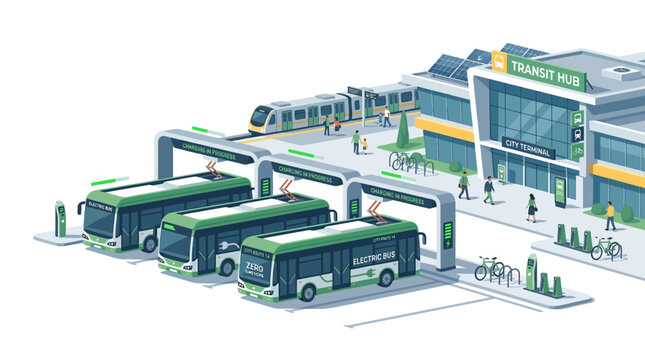 Electric buses and train at modern transit hub, sustainable urban transport concept