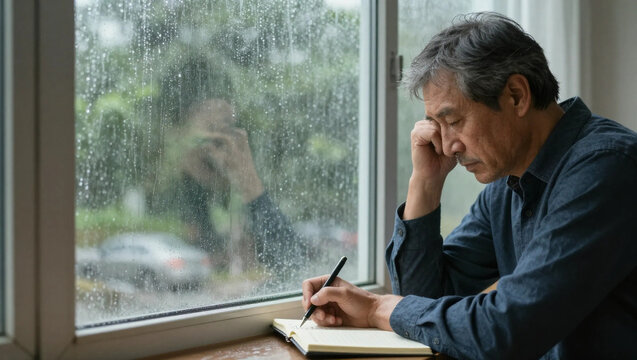 Sad and lonely senior man looking through window on rainy day