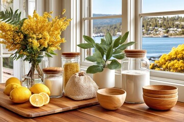 Obraz premium Bright rustic still life with lemons, jars and yellow flowers on a wooden kitchen countertop