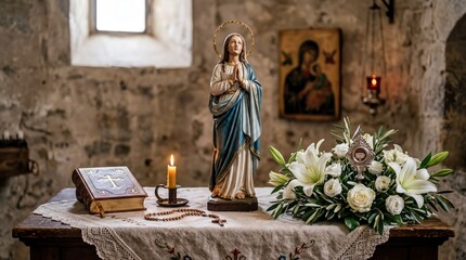 religious symbolism, a serene arrangement of assumption of mary symbols with elegant motifs