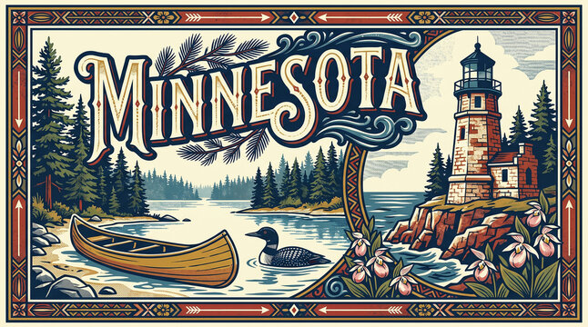 Minnesota state vintage poster illustration with coastal lighthouse, canoe on lake and loon on cream background