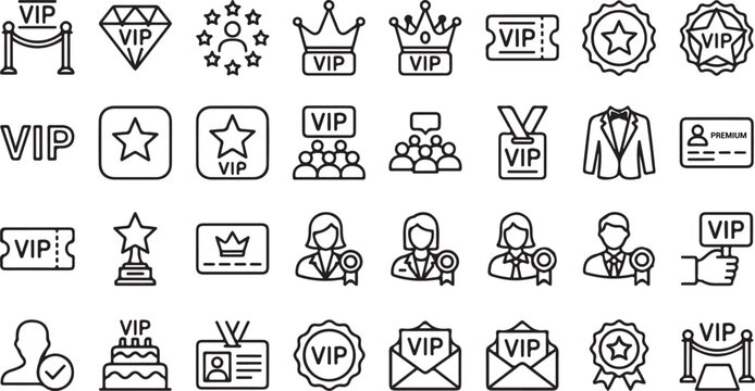 Collection of black line icons representing vip access and exclusive privileges on isolated white background