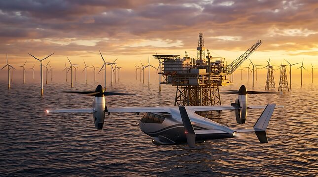 Futuristic electric vtol aircraft flying over the ocean near an offshore oil platform and wind farm at sunset
