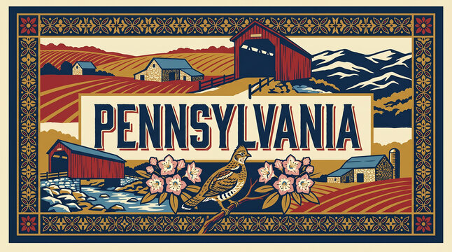 Pennsylvania state vintage poster illustration with covered bridges, rural farmlands and ruffed grouse on cream background
