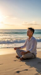 Fototapeta premium Young man meditates in lotus position on sandy shore during golden hour