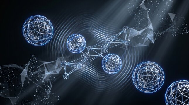 Abstract quantum processor visualization with glowing qubit spheres, cyan violet interference waves, metallic chrome lattice, volumetric light depth symmetry.