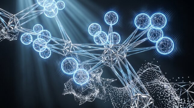 Abstract quantum processor visualization with glowing qubit spheres, cyan violet interference waves, metallic chrome lattice, volumetric light depth symmetry.