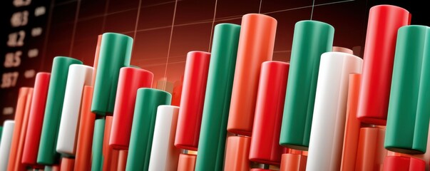 Obraz premium Colorful 3D stock market chart with green and red trading bars showing financial trends