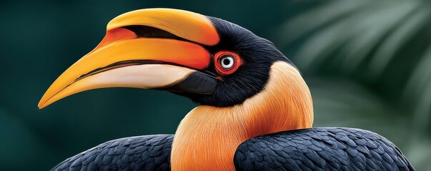 Obraz premium Great hornbill close-up eye-level side profile showing vibrant beak, casque and detailed plumage