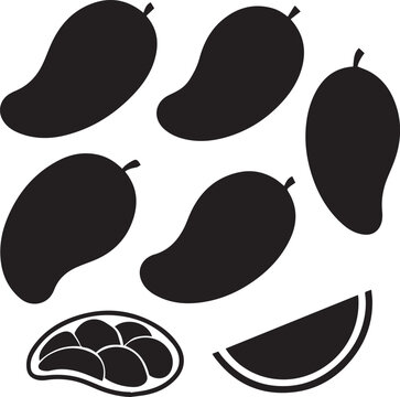 Black silhouettes of mangoes and slices isolated on white background