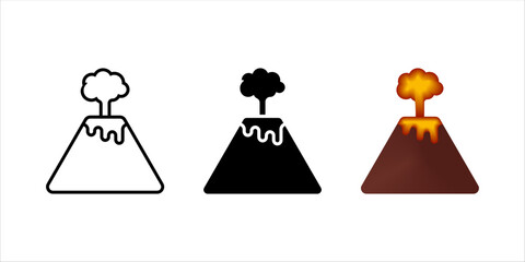 Set of Volcano icons. Illustration of three volcanic eruption icons in different styles on a white background.