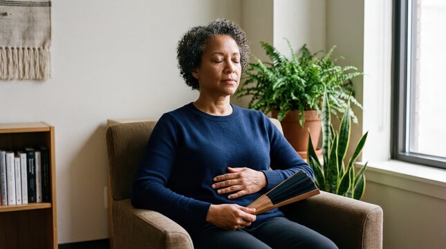 mindful workplace practices, a composed woman takes a mindful breathing pause in a serene office corner