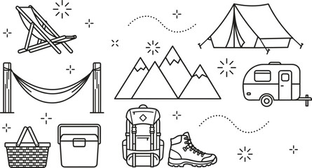 Camping and outdoor recreation linear icon set with tent mountains backpack boots trailer hammock vector illustration © AKTAR