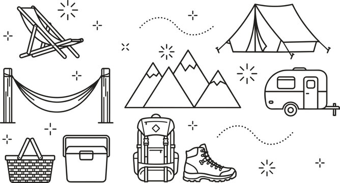 Camping and outdoor recreation linear icon set with tent mountains backpack boots trailer hammock vector illustration