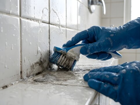 Person wearing blue rubber gloves using a plastic scrub brush to clean dirty grout lines between white ceramic tiles on a shower wall at home with cleaning, scrubbing