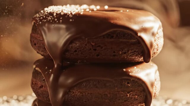 Close-up of two chocolate donuts stacked with thick glossy chocolate glaze dripping down sides while golden sugar crystals fall from above on a warm, blurry background.