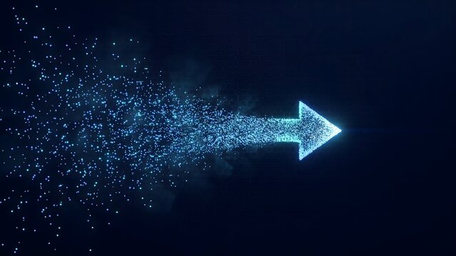 Luminous nanodots converging into a bold tech arrow &ndash; Suitable for quantum computing, machine learning, or bio-technology research.