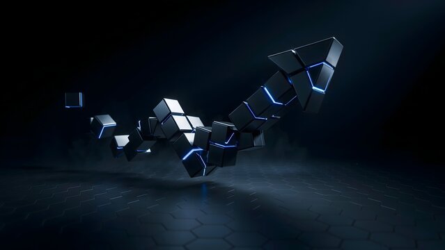 Futuristic arrow made of glowing obsidian cubes &ndash; Perfect for cybersecurity firms, innovative tech startups, or dark mode UI design.