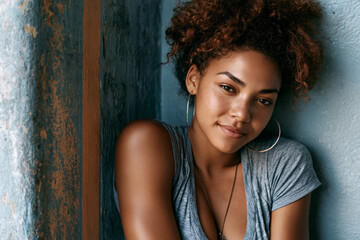 Fototapeta premium Woman leans against a wall, smiling softly in a natural light setting