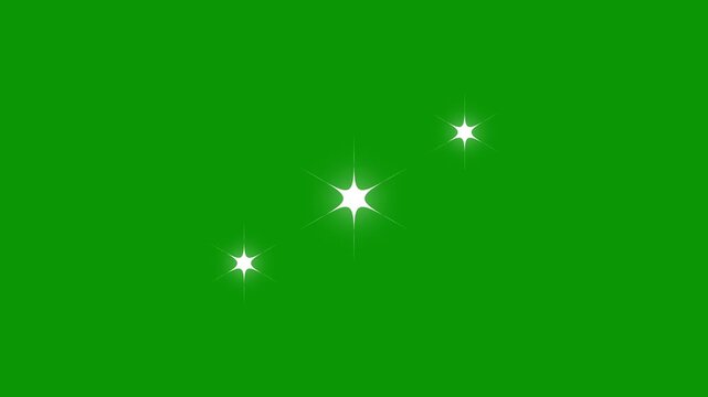 Magical twinkling star set animation, white cartoon sparkles with glowing light trails, glitter shine effects, doodle vector stars blinking on green screen in. 4K