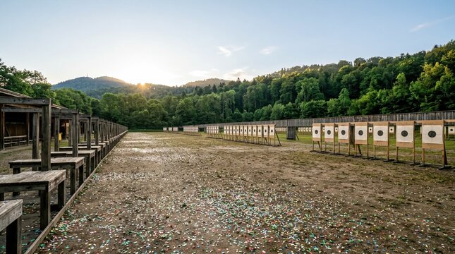 shooting range tradition, an empty shooting range at dawn, adorned with targets and scattered confetti