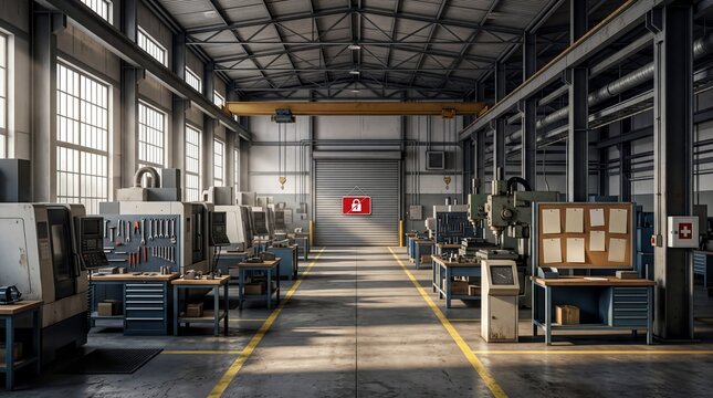 industrial shutdown, an empty factory floor bathed in morning light with a closed sign displayed